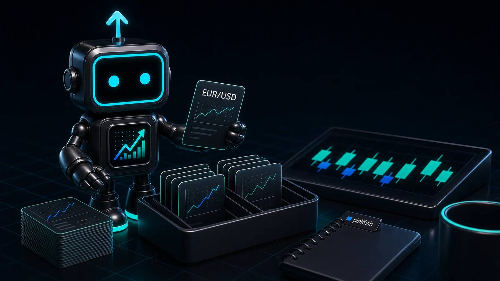 Pip robot with FXMacroData logo mark sorting EUR/USD reference-rate cards into a Pinkfish backtesting tray