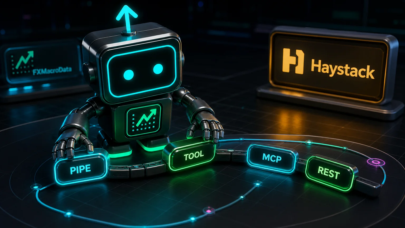 Pip robot with the FXMacroData logo mark arranging PIPE, TOOL, MCP, and REST modules beside a Haystack logo