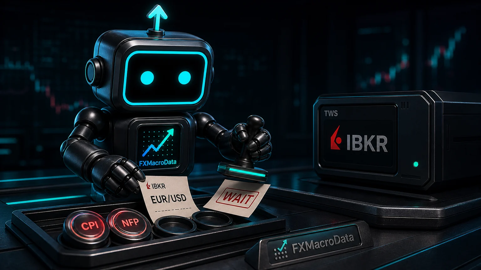 Pip robot with FXMacroData logo mark stamping an IBKR EUR/USD order ticket after checking CPI and NFP macro-event tokens