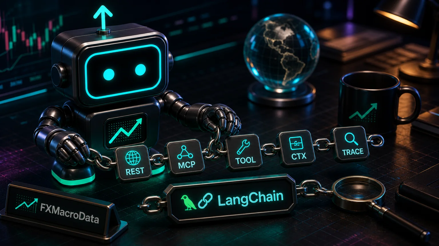 Pip robot with the FXMacroData logo mark linking REST, MCP, TOOL, CTX, and TRACE evidence tiles beside a LangChain badge
