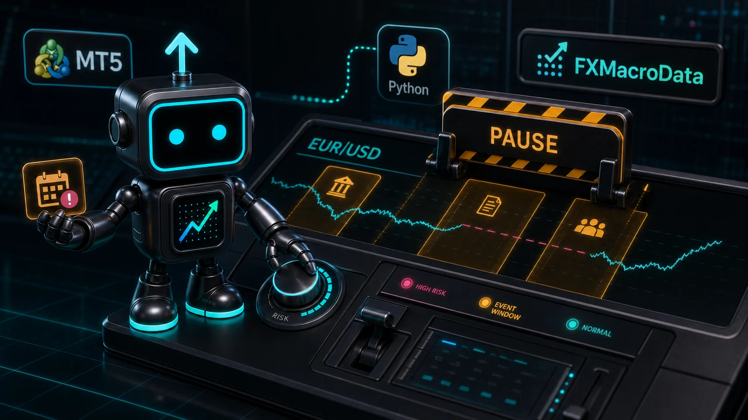 Pip robot with FXMacroData logo mark operating a MetaTrader 5 Python event-risk pause gate for EUR/USD