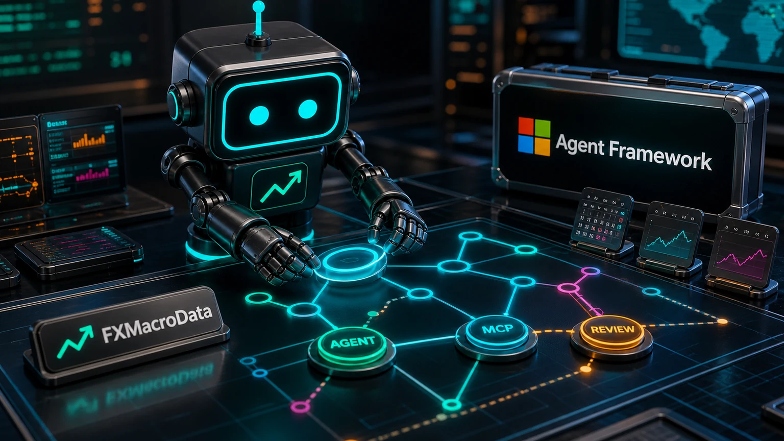 Pip robot with the FXMacroData logo mark assembling a Microsoft Agent Framework macro workflow with Agent, MCP, and Review nodes