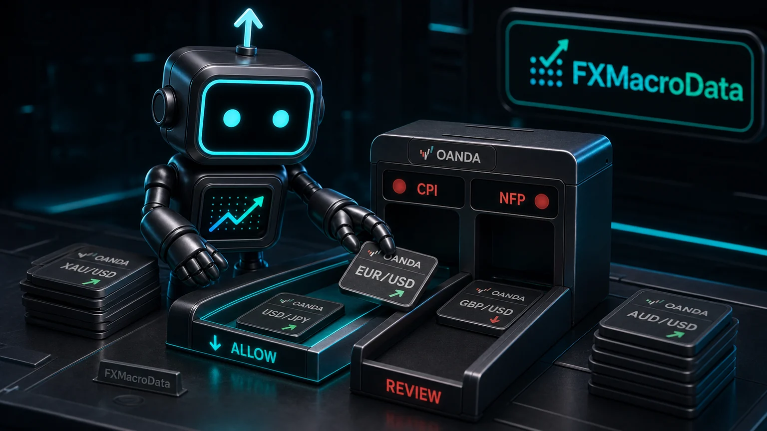Pip robot with FXMacroData logo mark sorting OANDA EUR/USD order tiles through allow and review macro-event lanes