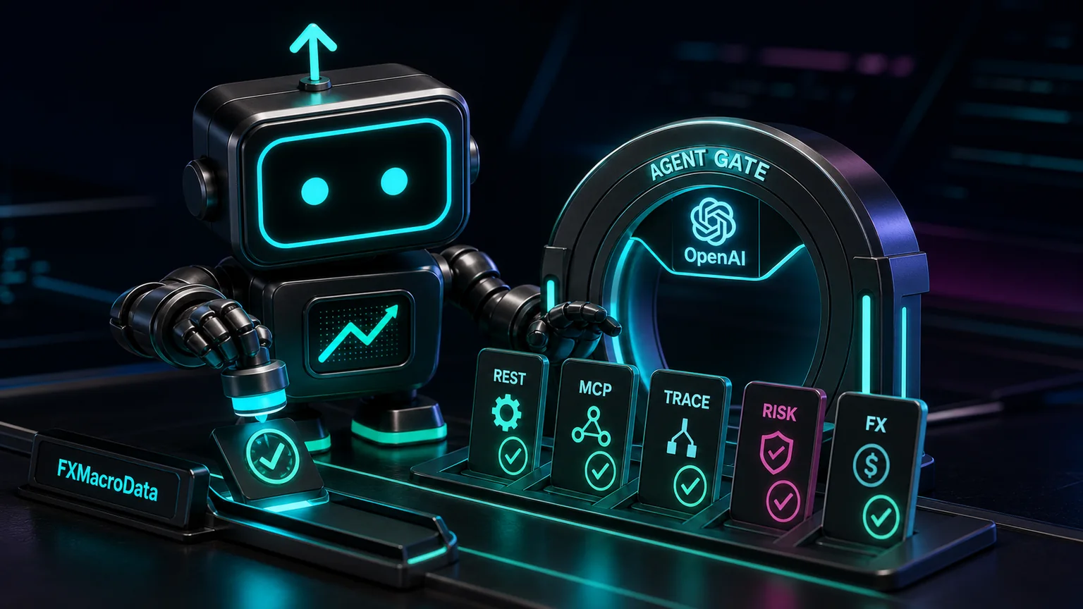 Pip robot with the FXMacroData logo mark approving REST, MCP, TRACE, RISK, and FX cards at an OpenAI agent gate