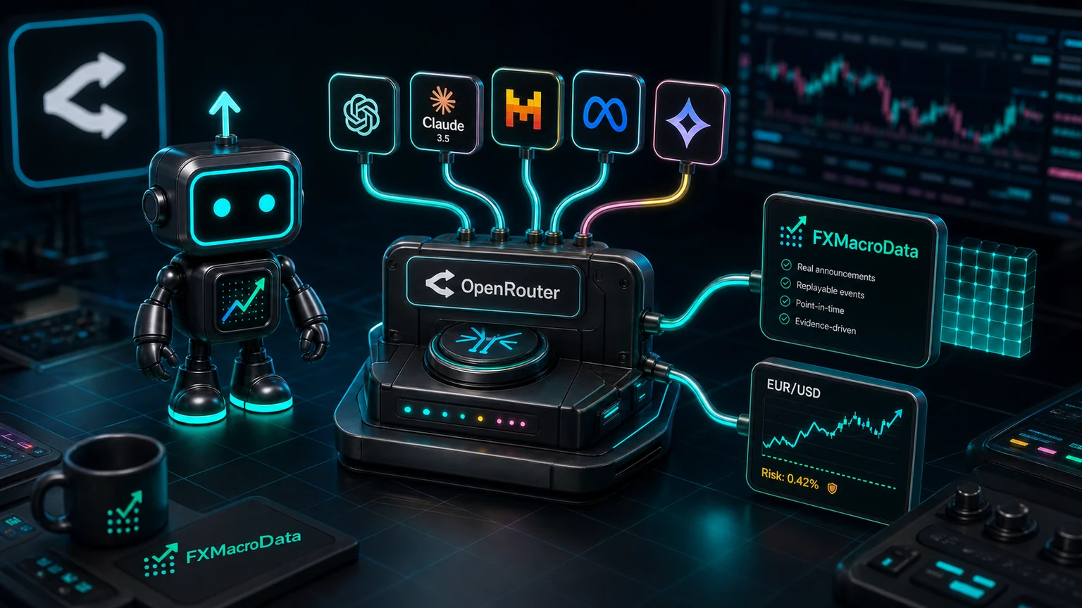 Pip robot with FXMacroData logo mark beside an OpenRouter model-routing console feeding macro evidence into EUR/USD analysis