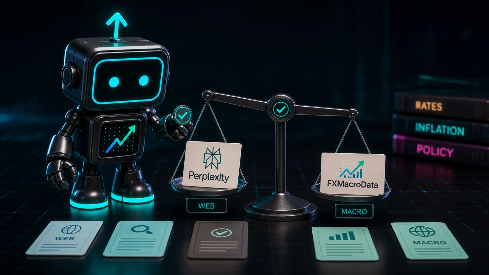 Pip robot with the FXMacroData logo mark weighing Perplexity web research and FXMacroData macro evidence cards