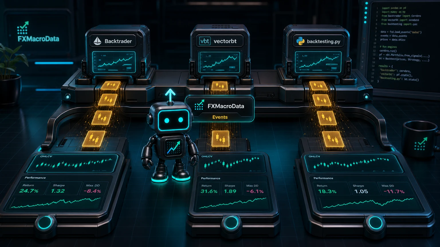 Pip robot with FXMacroData logo mark comparing Backtrader, vectorbt, and backtesting.py modules fed by macro event cards
