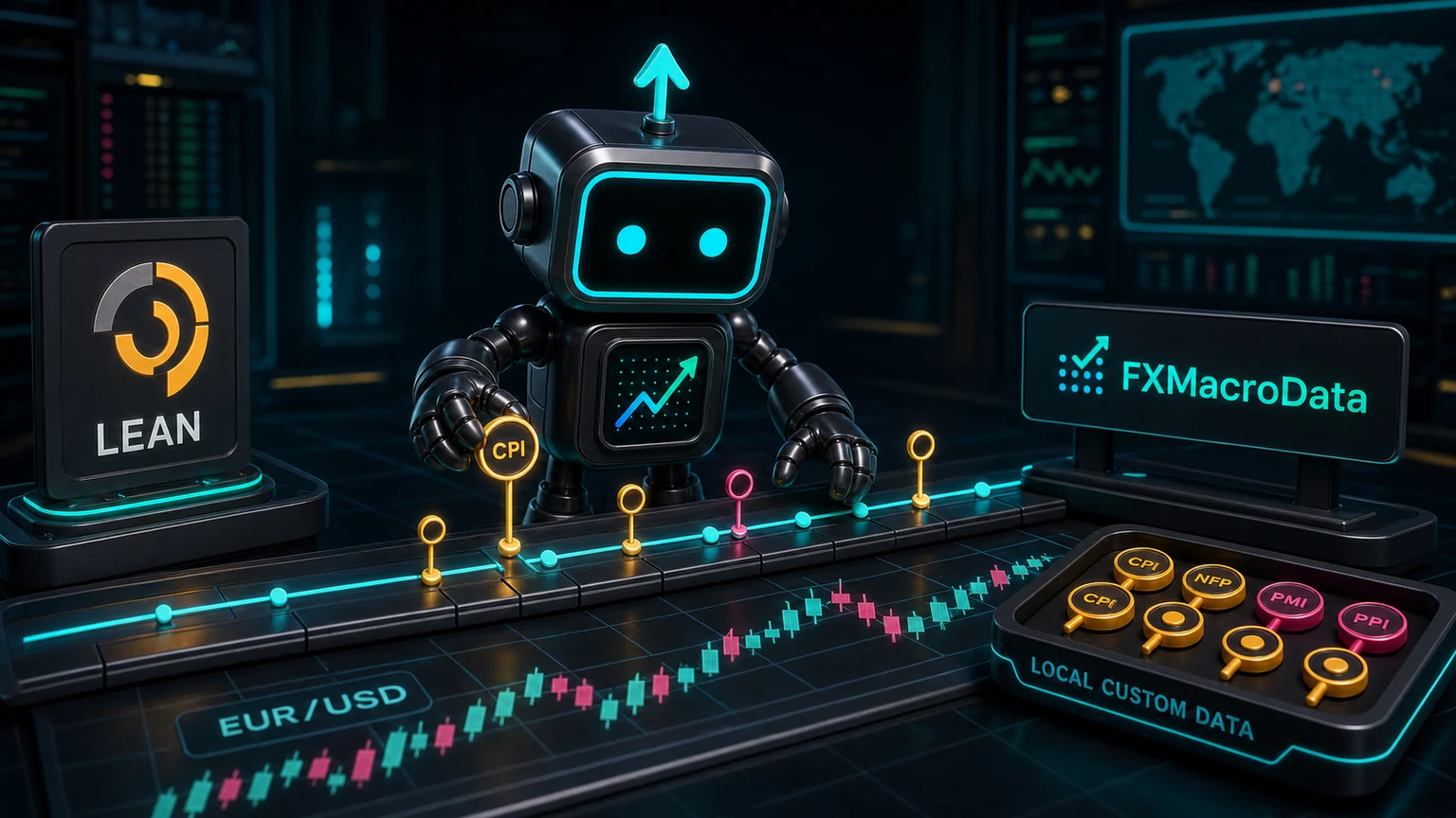 Pip robot with FXMacroData logo mark placing macro event markers on a QuantConnect LEAN backtest timeline