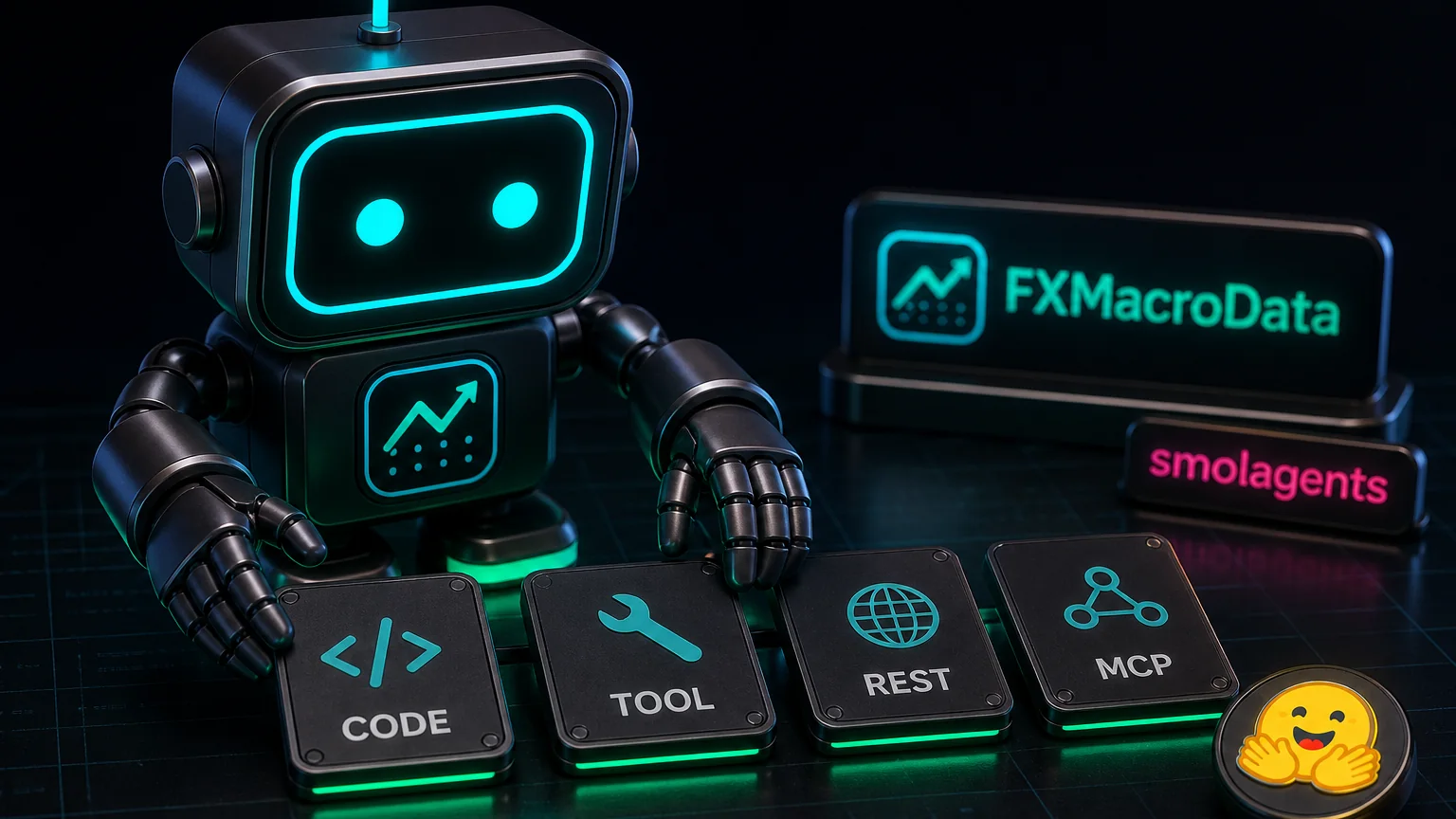 Pip robot with the FXMacroData logo mark sorting smolagents Code, Tool, REST, and MCP cards beside a Hugging Face badge