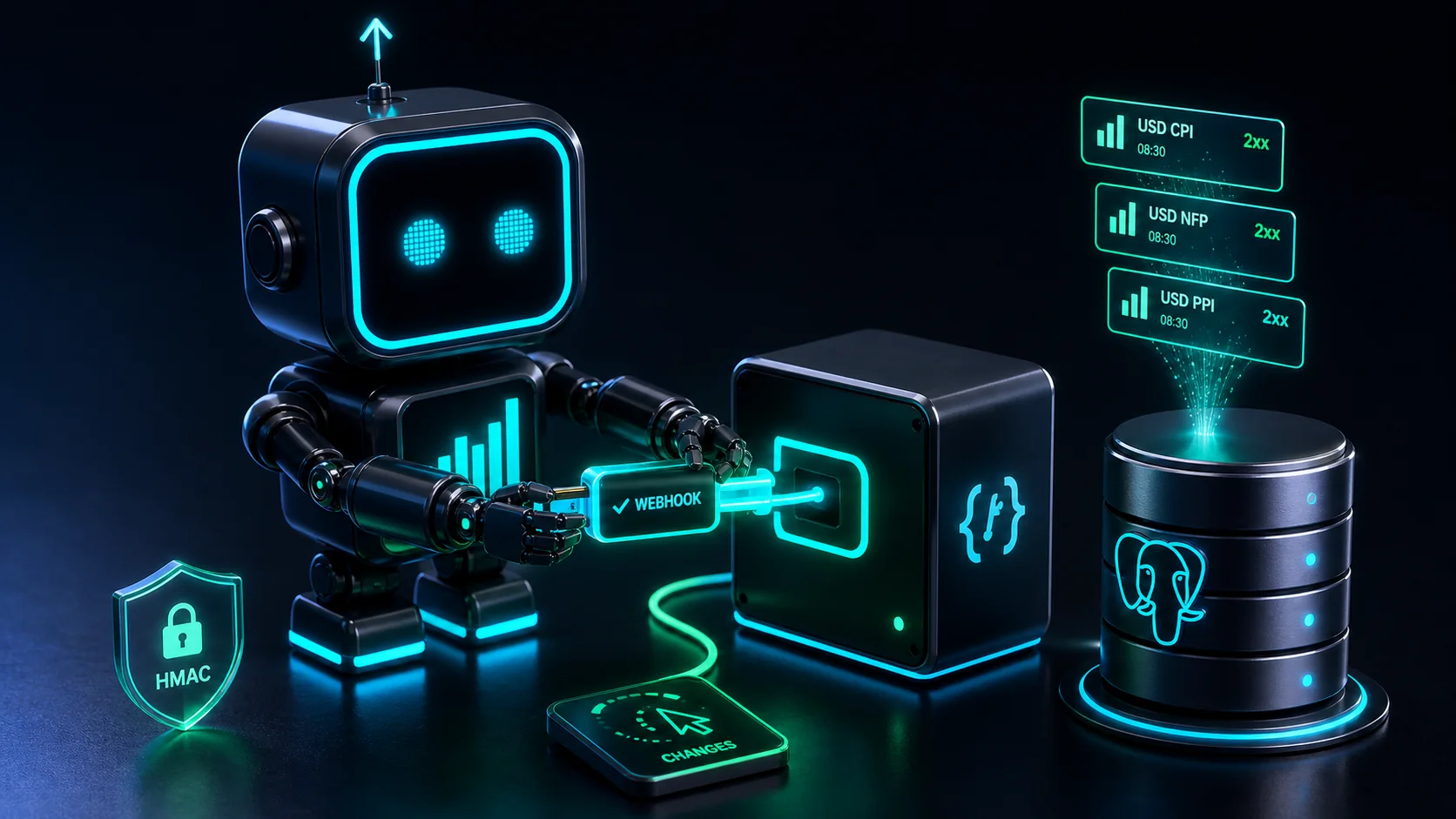 FXMacroData square robot connecting signed webhook events and changes polling into a Supabase Edge Function and Postgres store