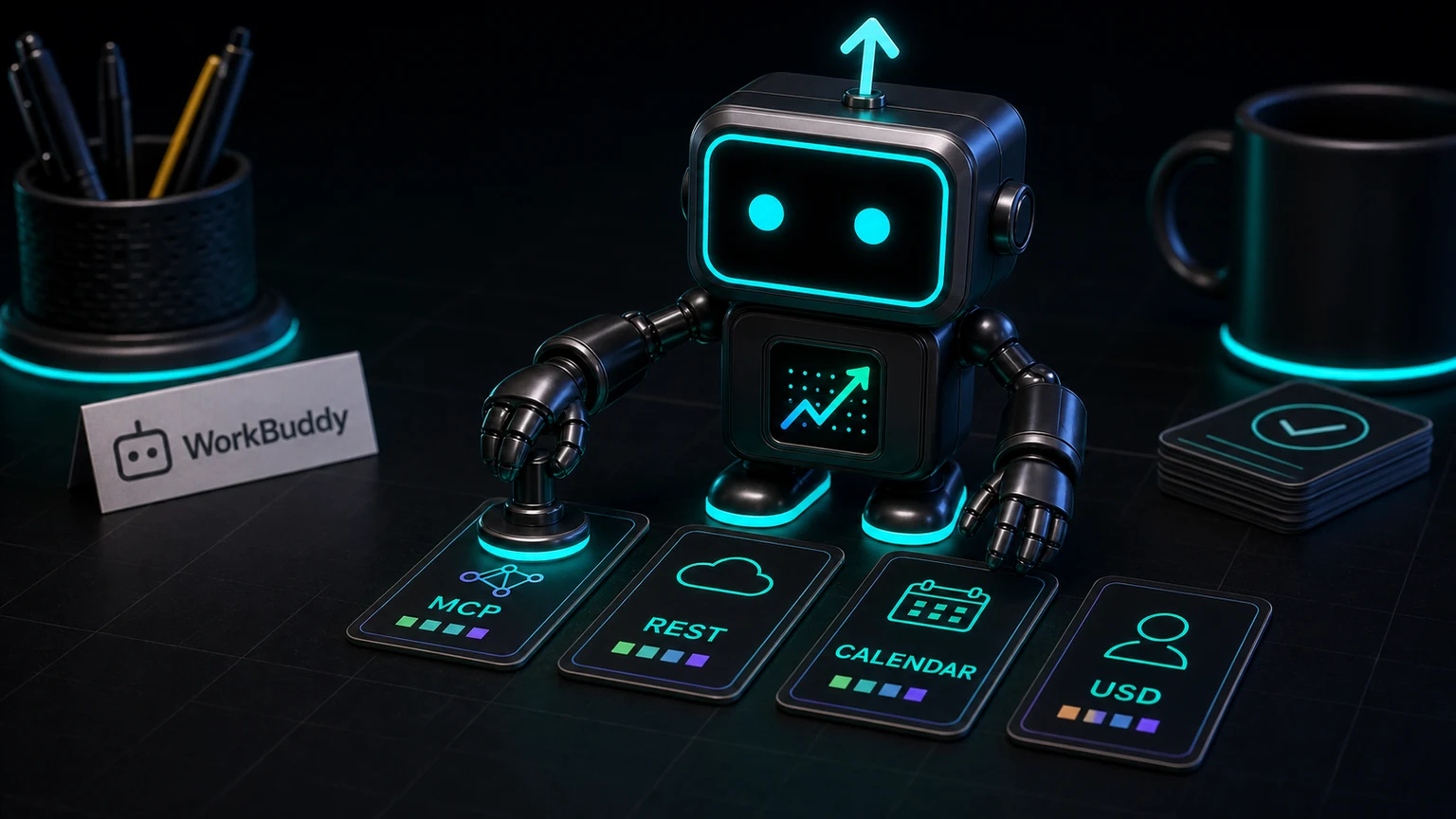 Pip robot with the FXMacroData logo mark inspecting WorkBuddy MCP, REST, calendar, and USD macro evidence cards