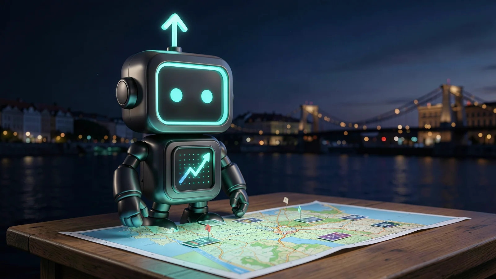 Pip, the FXMacroData robot mascot, unrolls a large glowing map on a wooden table and pins small data cards onto it, in front of the Danube in Budapest at dusk with a chain bridge silhouette.