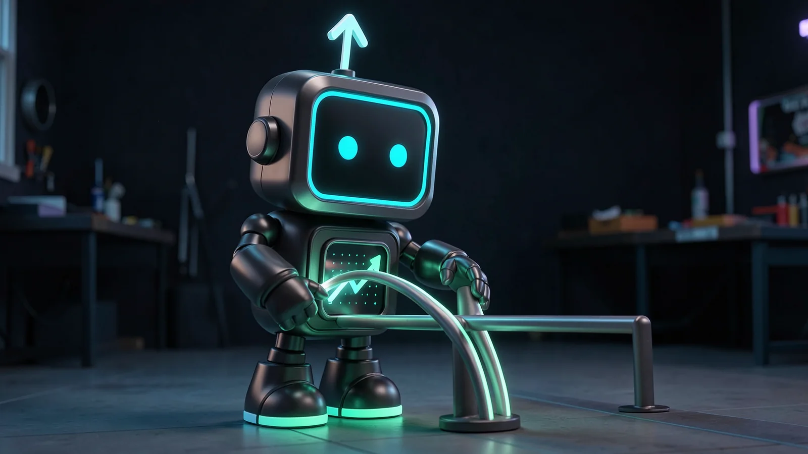 Pip, the FXMacroData robot mascot, bends a glowing curved rail into shape between two posts, comparing it against a second rail, in a workshop at dusk.