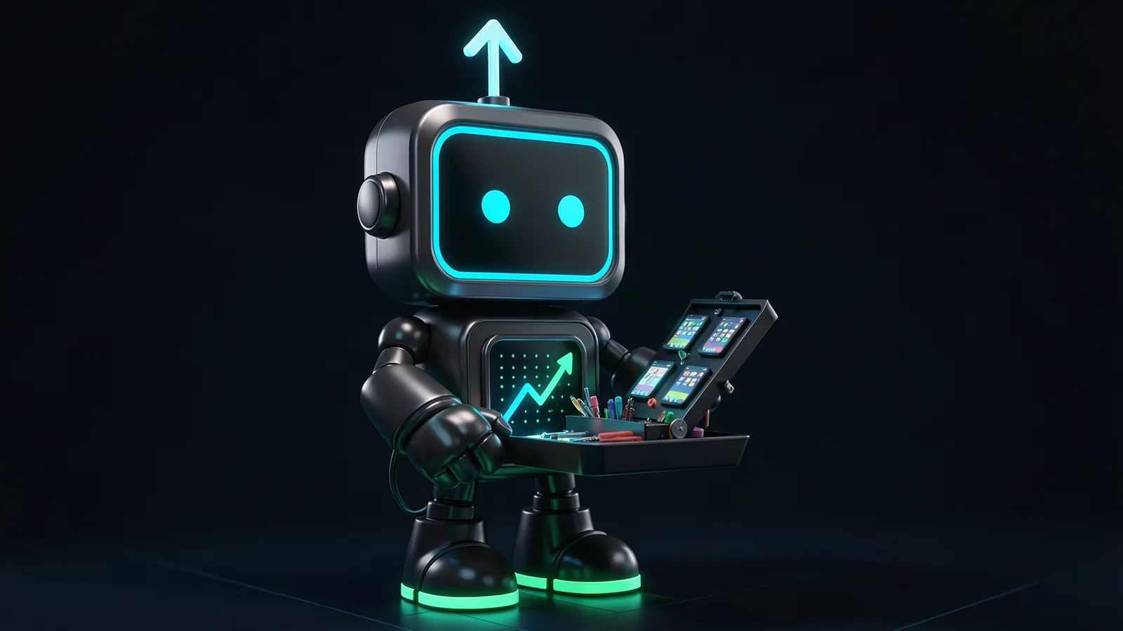 Pip, the FXMacroData robot mascot, opens a toolbox whose compartments each glow with a small app window, on a workbench.