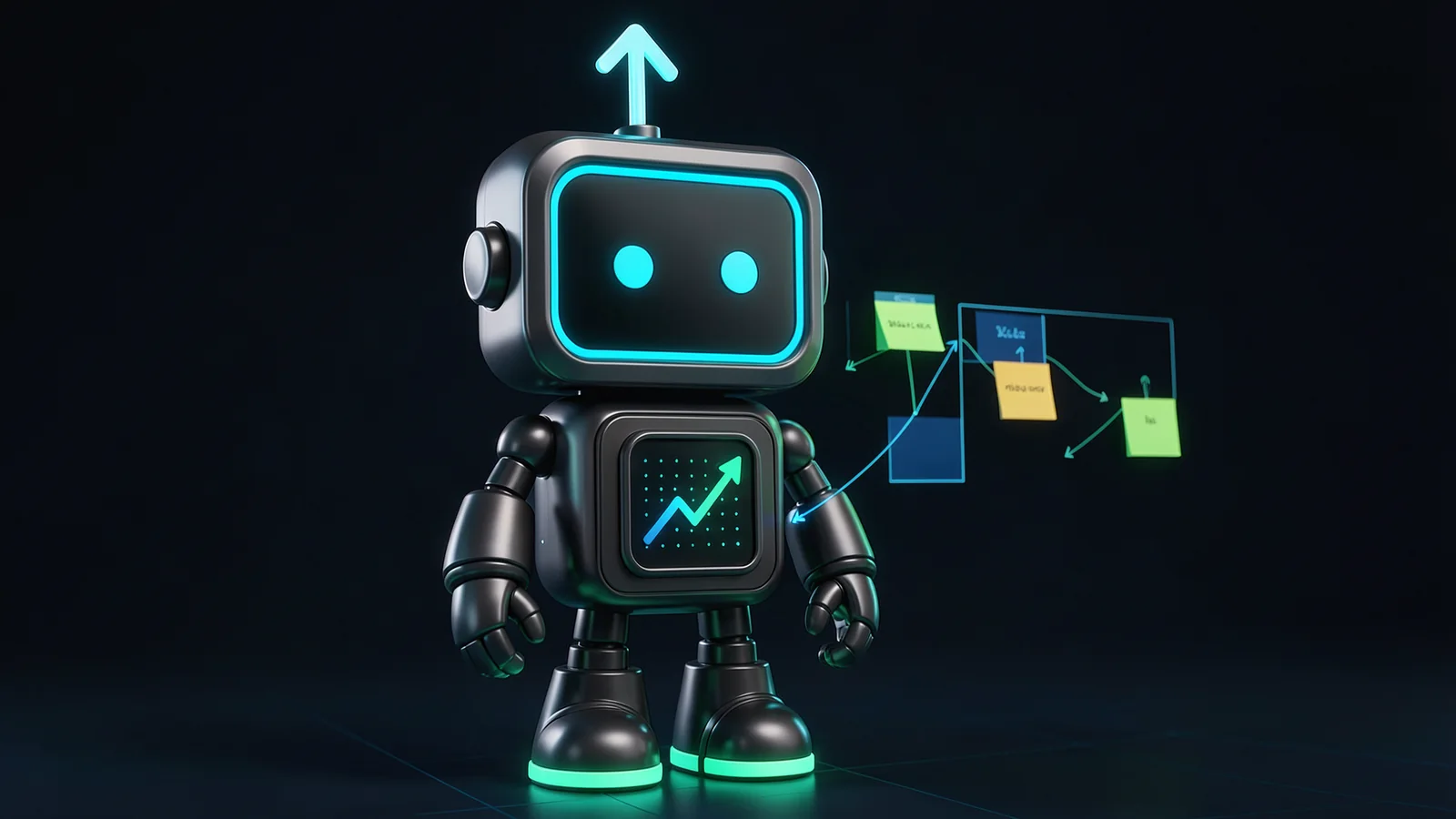 Pip, the FXMacroData robot mascot, ticks through a glowing task board with sticky cards moving from one column to the next, in a bright workspace.