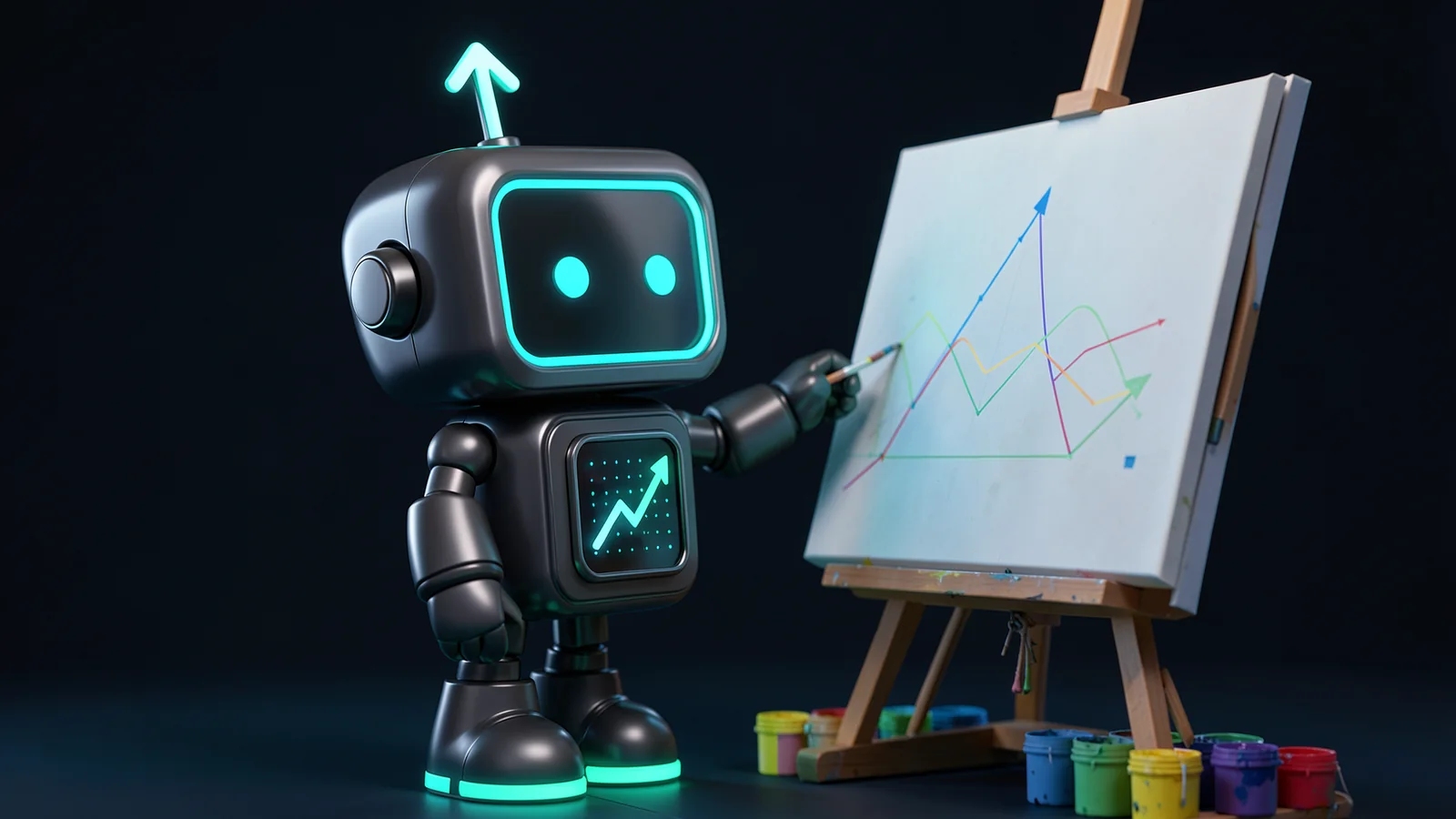Pip, the FXMacroData robot mascot, paints a glowing line chart onto a large canvas on an easel in an art studio, colourful paint pots beside.