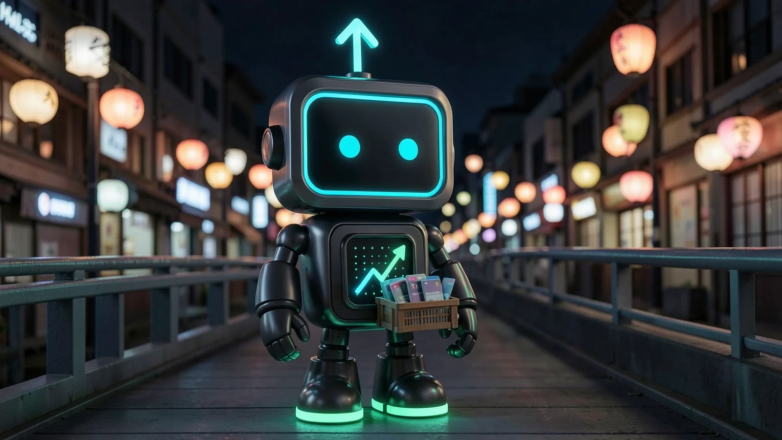 Pip, the FXMacroData robot mascot, carries a small crate of glowing data cards across a footbridge, in front of a calm Tokyo street at night with paper lanterns.