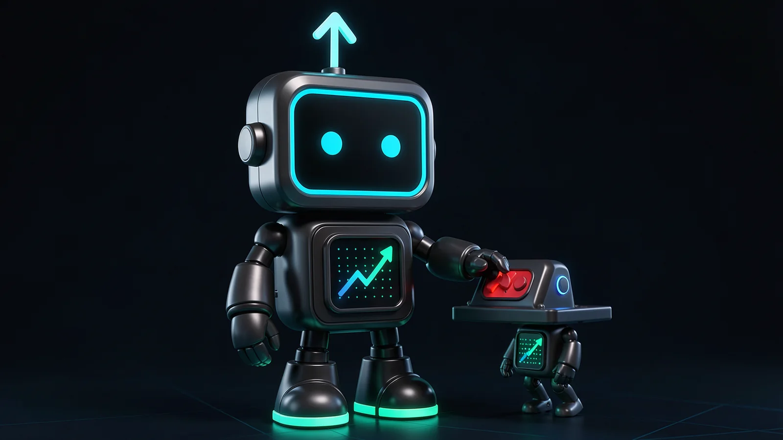 Pip, the FXMacroData robot mascot, rests a hand on a big red emergency switch on a control panel, calm, with a small robot paused mid-step beside.