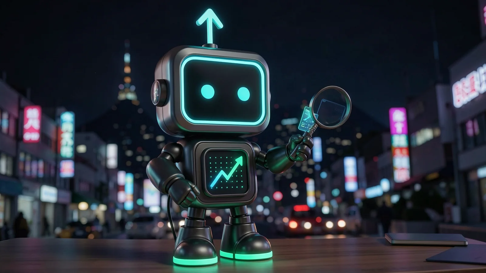 Pip, the FXMacroData robot mascot, holds up a magnifying glass over a glowing data card at a desk, in front of a Seoul street at night with soft neon and a mountain tower silhouette.