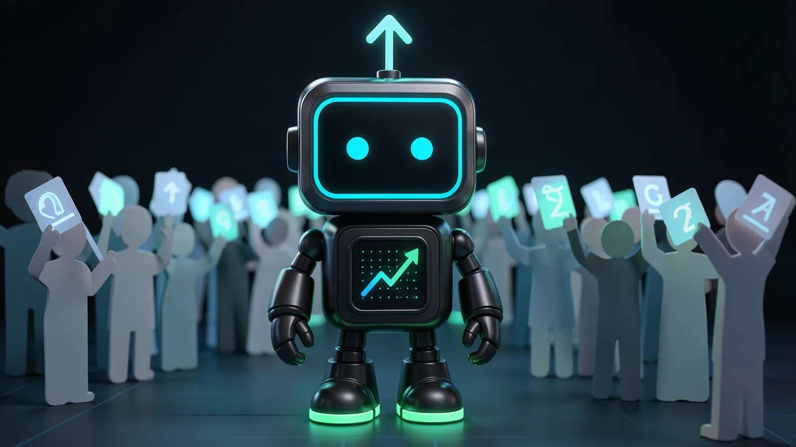 Pip, the FXMacroData robot mascot, and a small crowd of simple paper-cutout figures each hold up glowing probability cards, in a community hall.