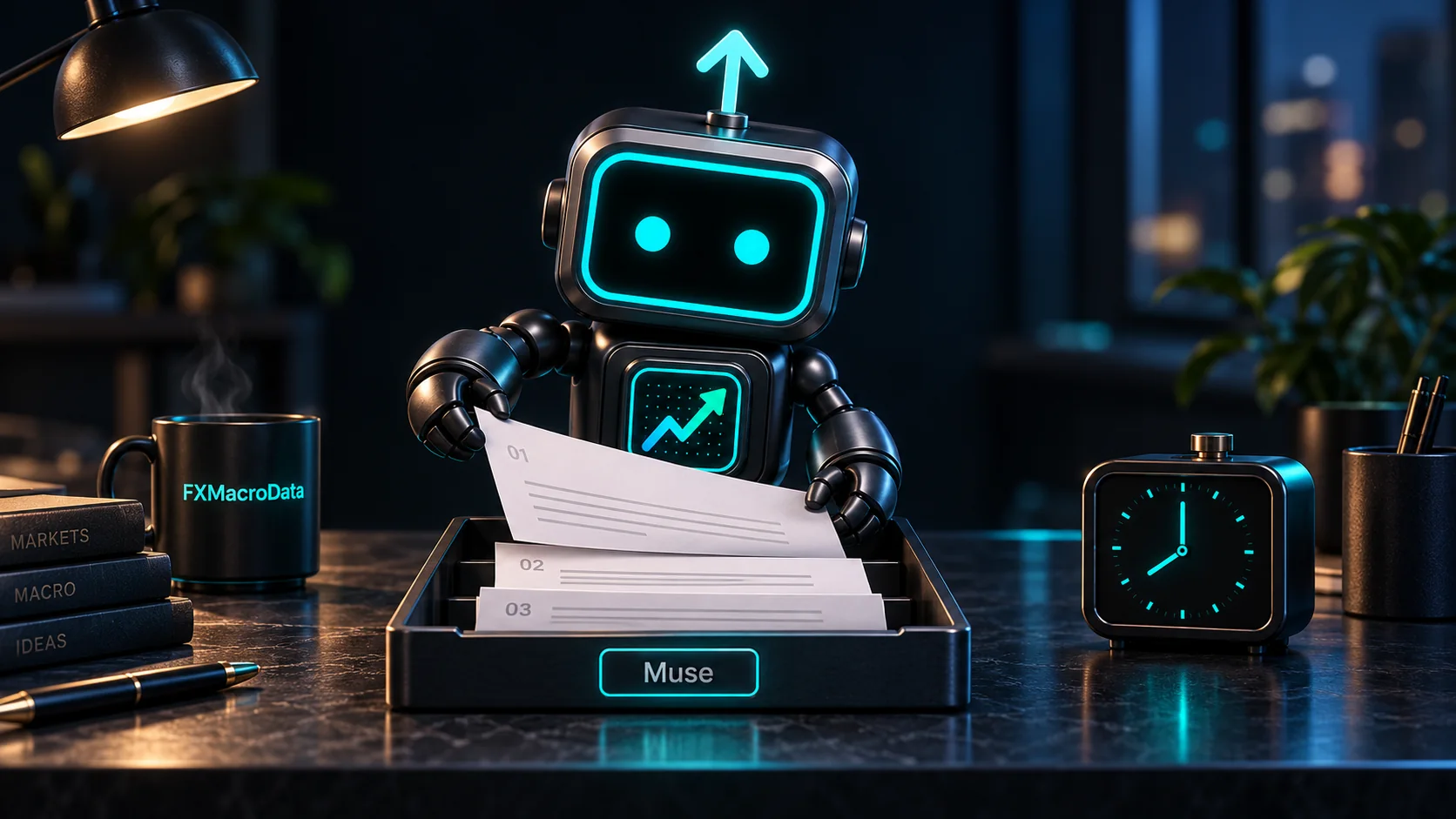 FXMacroData Pip arranging briefing papers beside a clock for Meta Muse FX research
