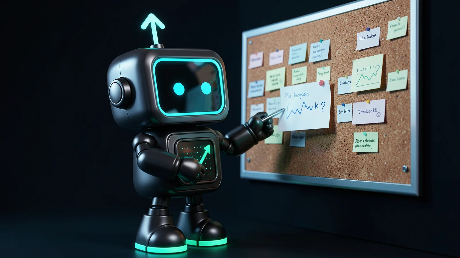 Pip, the FXMacroData robot mascot, writes a careful forecast on a glowing question card pinned to a large cork board full of question cards.