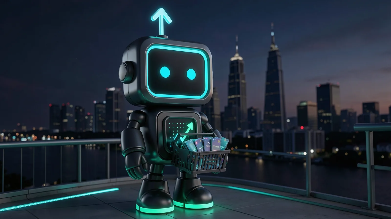 Pip, the FXMacroData robot mascot, carries a small crate of glowing data cards across a footbridge, in front of a Kuala Lumpur skyline at dusk with twin towers silhouetted far behind.