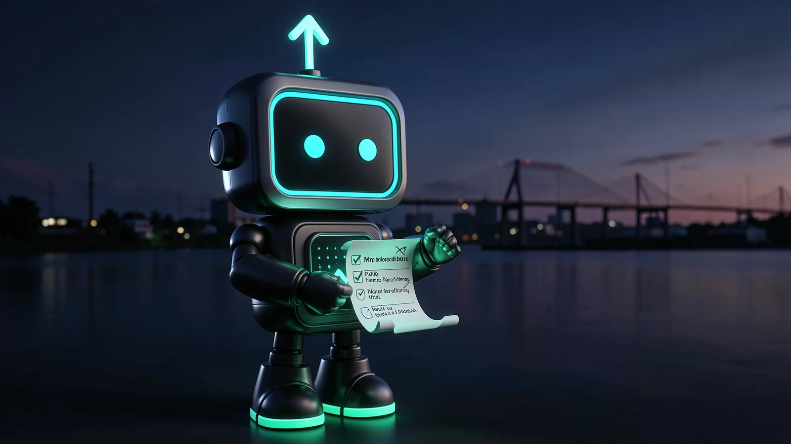 Pip, the FXMacroData robot mascot, checks items off a long glowing checklist scroll, in front of a Lagos lagoon at dusk with a long bridge silhouette.