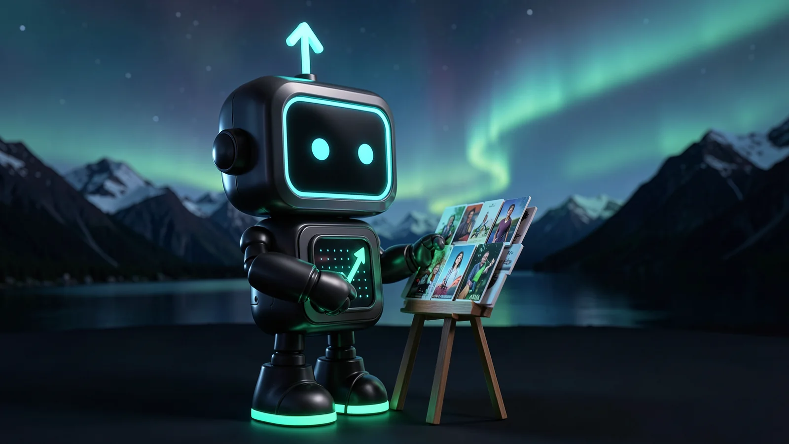 Pip, the FXMacroData robot mascot, arranges glowing cards on a small easel like a gallery display, in front of a Norwegian fjord at night under a soft aurora.