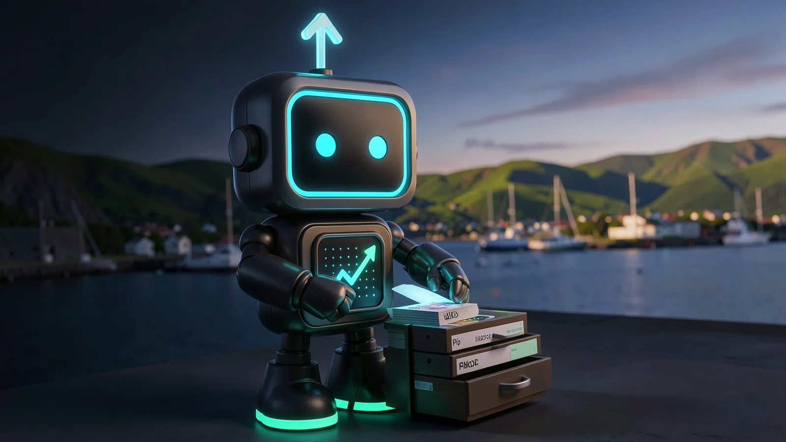 Pip, the FXMacroData robot mascot, sorts a neat stack of glowing indicator cards into labelled drawers, in front of a New Zealand harbour at dawn with green hills.