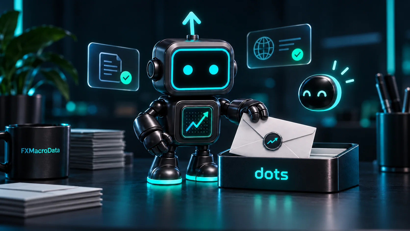 FXMacroData Pip delivering a research envelope beside a small dot companion for OpenAI dots FX research