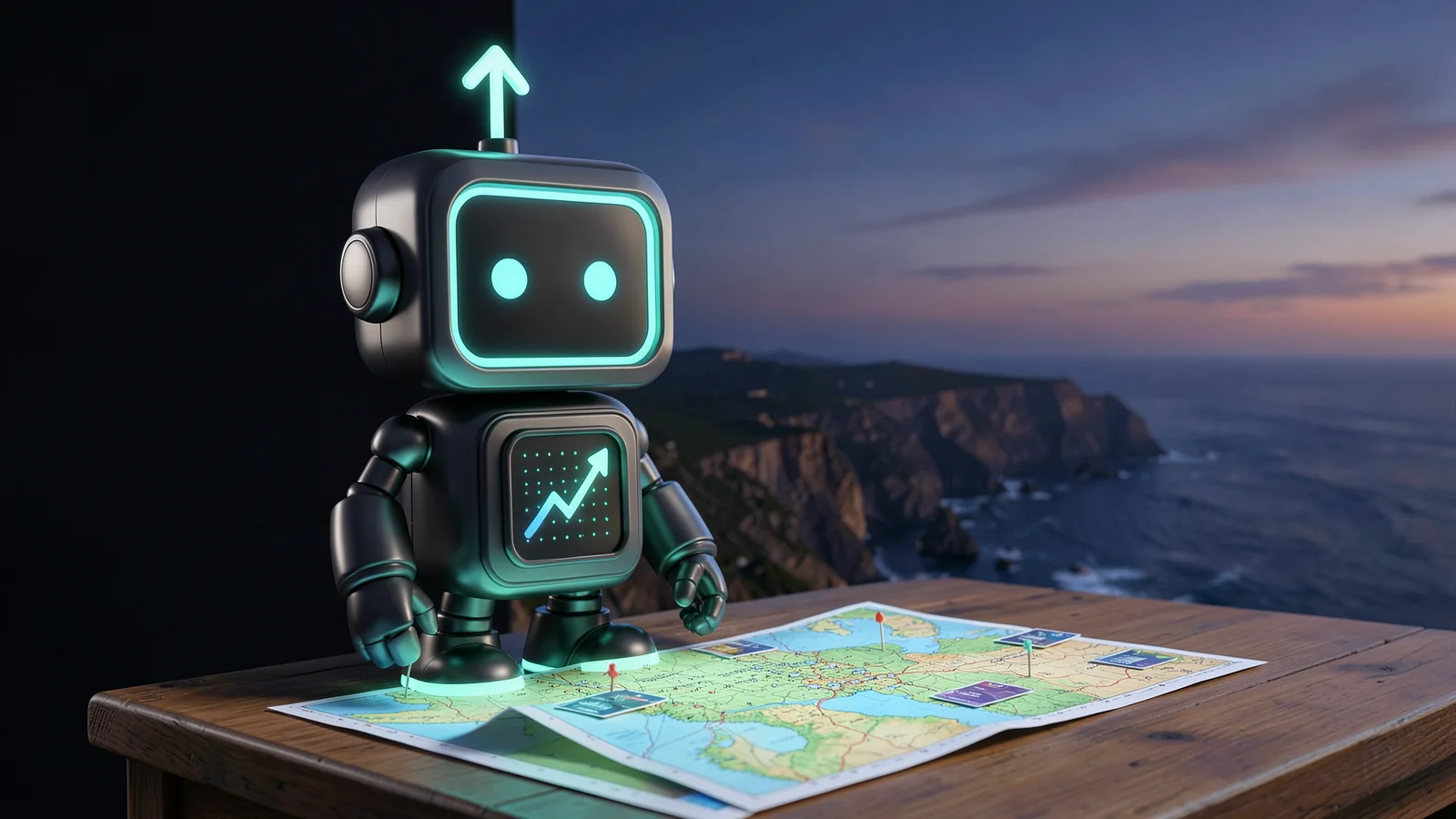 Pip, the FXMacroData robot mascot, unrolls a large glowing map on a wooden table and pins small data cards onto it, in front of the cliffs of Lima's coastline at dusk above the Pacific.