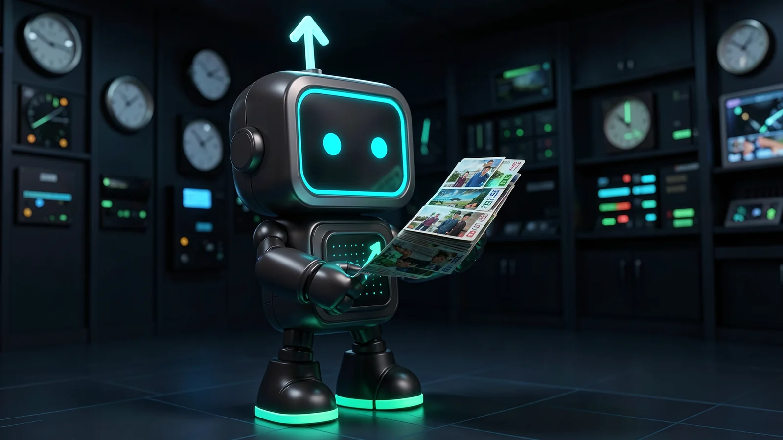 Pip, the FXMacroData robot mascot, flips through a tall stack of dated glowing snapshot cards in a time-archive room with clocks on the wall.