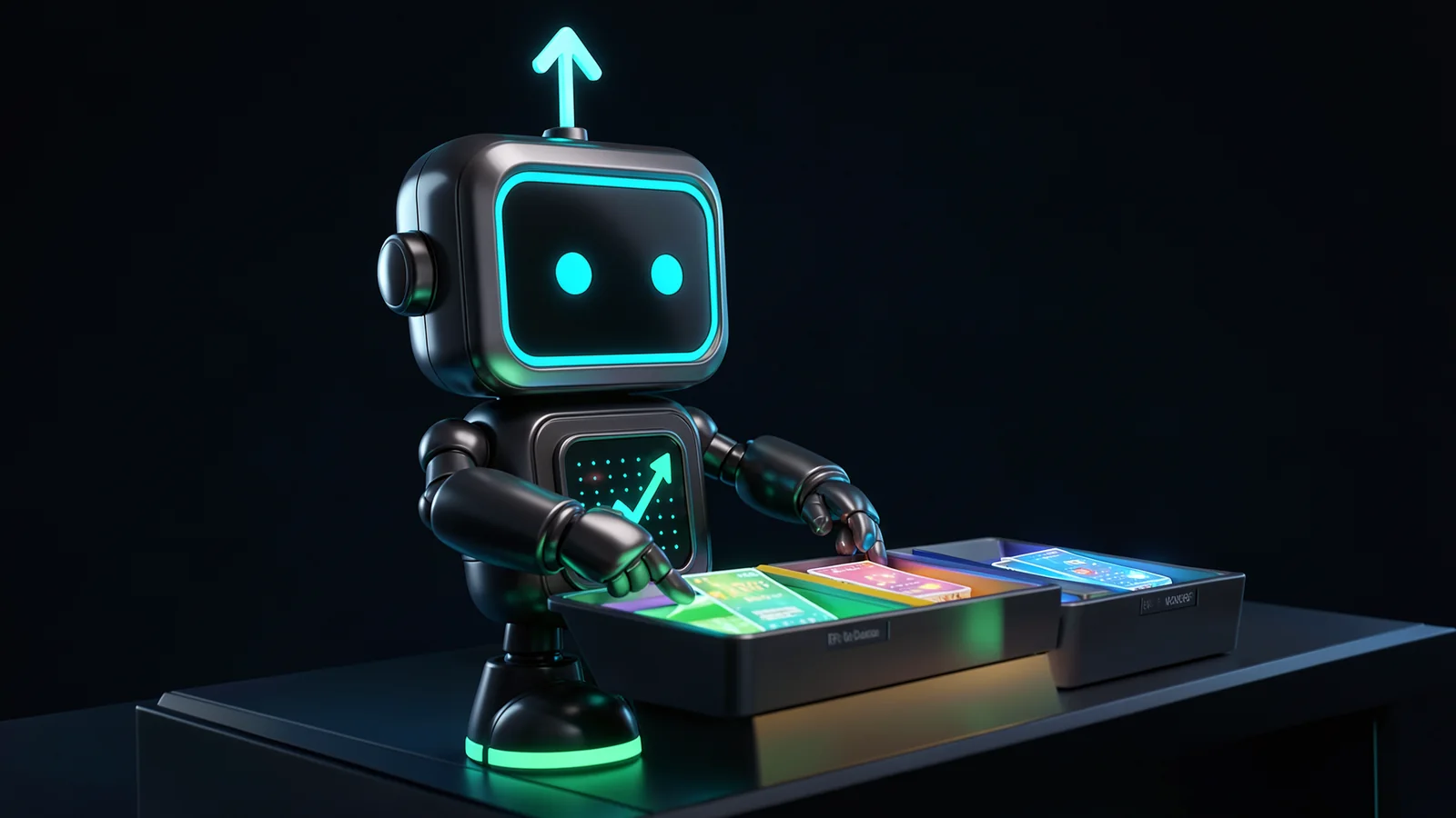 Pip, the FXMacroData robot mascot, sorts glowing forecast cards into three labelled trays of different colours on a long desk.