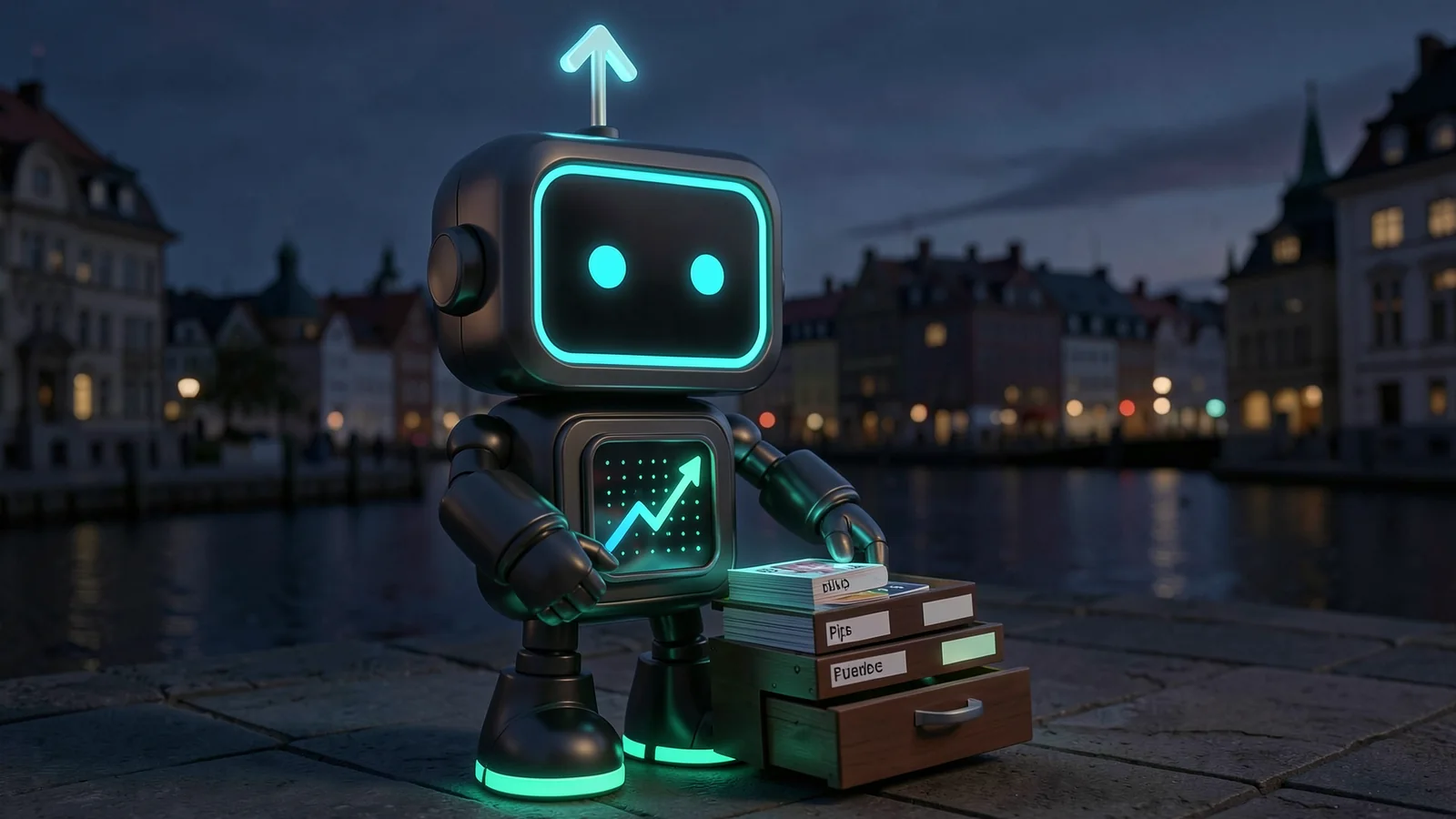 Pip, the FXMacroData robot mascot, sorts a neat stack of glowing indicator cards into labelled drawers, in front of a Stockholm waterfront at dusk with old buildings.