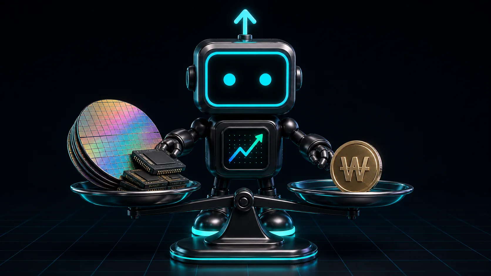 FXMacroData robot Pip weighing semiconductor wafers and memory chips against a Korean won token
