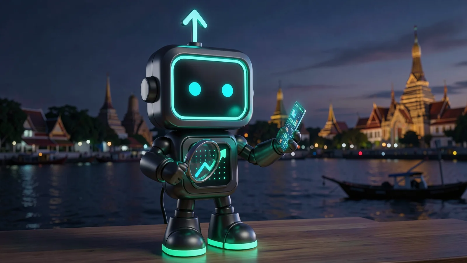 Pip, the FXMacroData robot mascot, holds up a magnifying glass over a glowing data card at a desk, in front of a Bangkok river at dusk with long-tail boats and temple spires.