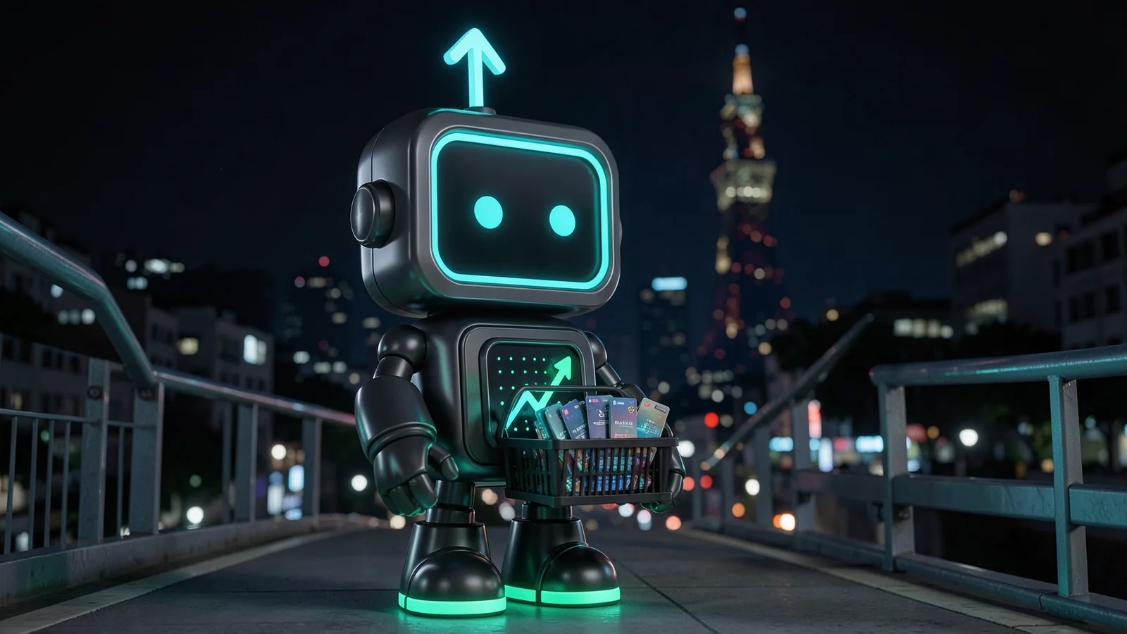 Pip, the FXMacroData robot mascot, carries a small crate of glowing data cards across a footbridge, in front of a Taipei street at night with a tall tower silhouetted behind.