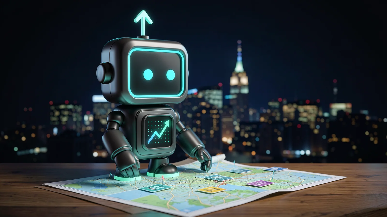 Pip, the FXMacroData robot mascot, unrolls a large glowing map on a wooden table and pins small data cards onto it, in front of a night skyline of New York with a soft glow behind.