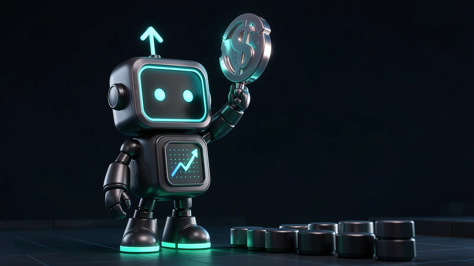 Pip, the FXMacroData robot mascot, stands on a rooftop at night lifting a heavy glowing dollar-shaped weight above a row of smaller weights.