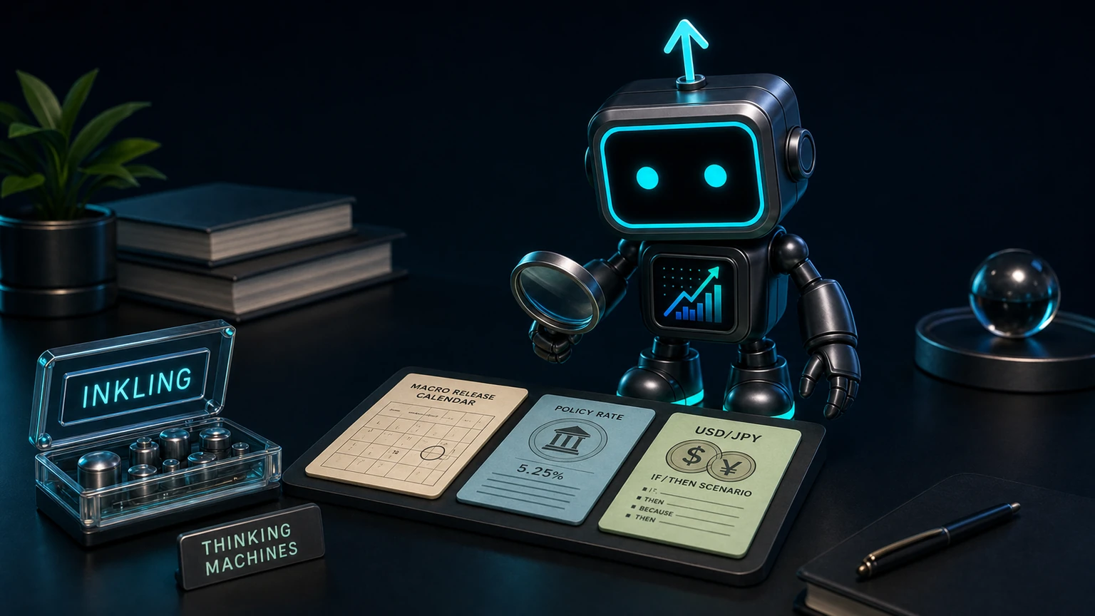 Pip, the FXMacroData robot, auditing an Inkling research cartridge, macro release calendar, policy-rate card, and USD/JPY scenario card