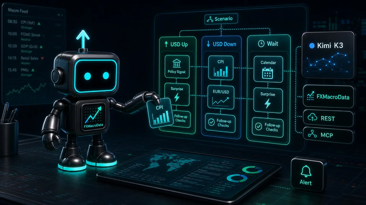 Pip robot with the FXMacroData logo mark arranging Kimi K3, REST, MCP, CPI, EUR/USD, calendar, scenario, and alert cards into a macro scenario map