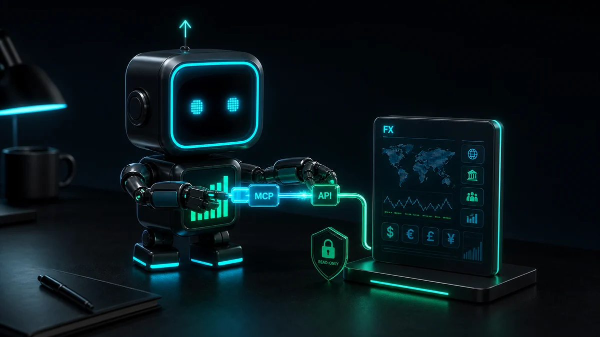 FXMacroData square robot connecting MCP and API blocks to a macro trading terminal with a read-only control shield