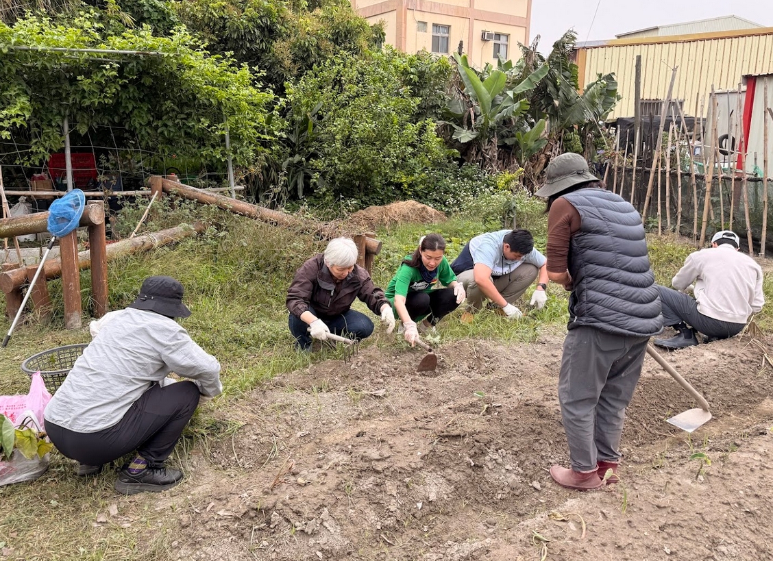 為了減少雜草影響農作物生長，透過人工除草仔細刨除雜草細根