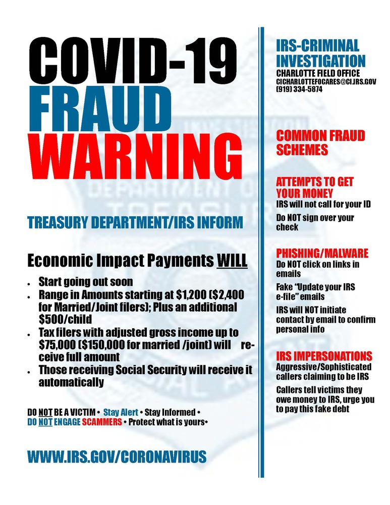 COVID related Fraud warning flyer - all information listed below