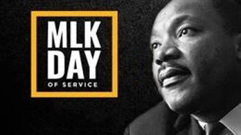MLK Day of Service text next to a portrait of Martin Luther King, Jr.