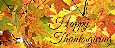Happy Thanksgiving text on a fall leaf background.