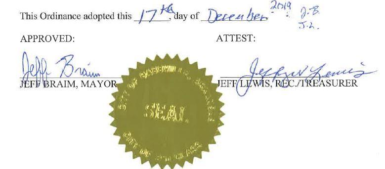 Ordiance adopted this 17th day of December 2019 - signed by Jeff Braim, Mayor and Jeff Lewis, Treasurer