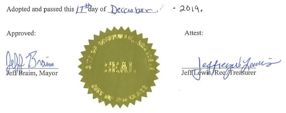 Adopted and passed this 17th day of December 2019. Signed by Mayor Jeff Braim and Rec/Treasurer Jeffrey Lewis