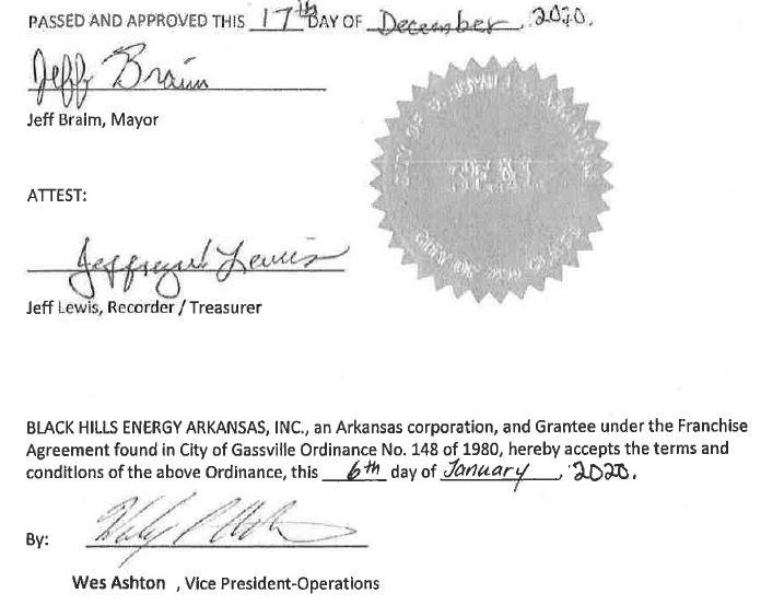 Adopted and passed this 17th day of December 2020. Signed by Mayor Jeff Braim and Rec/Treasurer Jeffrey Lewis